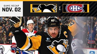 GAME RECAP Penguins vs Canadiens 110224  Crosby’s GoalScoring Stays Hot [upl. by Refotsirc]