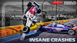 F1 2018 Game INSANE CRASHES [upl. by Rolyat]