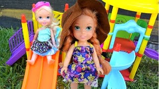 Anna and Elsa Toddlers Playground 1 Disney Dolls Go to the Park Play Area Toys In Action [upl. by Adnotal]