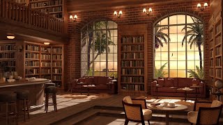 Summer Bookstore Ambience with Muffled Jazz Music Playing at Sunset and Ocean Wave Sounds [upl. by Laitselec]