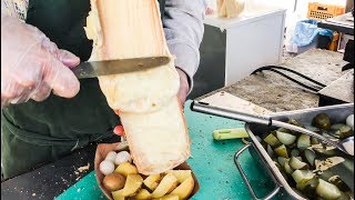 Swiss Raclette Huge Melted Cheese Tasted in Prague Street food of the Czech Republic [upl. by Lev539]