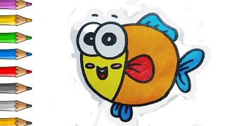 How to draw cute fish ll Fish drawing step by step ll Cute fish drawing coloring painting for kids [upl. by Kong]