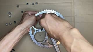 Stronglight to Dura Ace crankset swap for Carmen Converting geared chain ring to single speed [upl. by Aryaz]