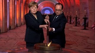 Hollande et Merkel dans la nef de lossuaire de Douaumont [upl. by Kenzie]