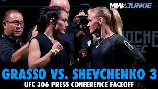 Alexa Grasso Valentina Shevchenko Hug after UFC 306 Press Conference Faceoff  Noche UFC [upl. by Marion]