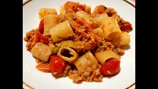 Pasta con granulare di soia pomodorini e fiori di zucca  gustosissima vegan easyrecipe [upl. by Odrick195]