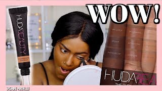 HUDA BEAUTY Overachiever Concealer Salted Caramel  Dark Skin Makeup Transformation [upl. by Awra]