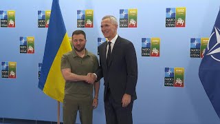 Zelensky and Stoltenberg shake hands at NATO summit in Vilnius  AFP [upl. by Charline]