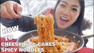 SNOW DAY  CHEESY RICE CAKE  SPICY NOODLES  LETS EAT  SASVlogs How to recipe [upl. by Allana]