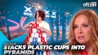 This guy stacks plastic cups into pyramids with surprising flair Check out the judges’ reactions [upl. by Dnarb]