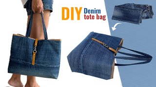 how to make denim zipper tote bag with compartment from old jeans diy zipper tote bag tote bag diy [upl. by Atnim]