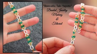 Kristal boncuktan bileklik yapımı Bracelet making from seed and crystal beads Beading tutorial [upl. by Doownil]