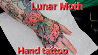 Lunar Moth Hand Tattoo  close up tattooing [upl. by Bale]