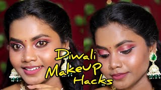 Diwali Makeup look using Hacks😍with affordable products  Longstay baseface lifting hacks makeup [upl. by Robinet28]