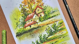 A beautiful scenery drawing with oil pastel colours 😍painting pastelscenery art [upl. by Evered]