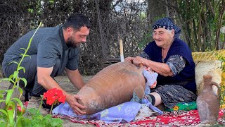 GRANDMA MAKING CHURN BUTTER REDCURRANT JAM AND COMPOTE  BEST MEATLESS DISH  VILLAGE SARMA RECIPE [upl. by Yahsal]