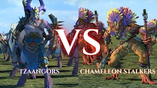 WARHAMMER III Total War  Tzaangors VS Chameleon Skinks [upl. by Ahsinek]