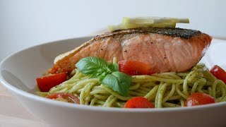 Spaghetti mit Pesto amp Lachs Rezept  Pasta with Pesto Sauce amp Salmon Recipe  ENG SUBS [upl. by Ilhsa280]