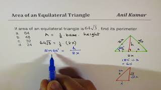 Find Perimeter of an Equilateral Triangle whose area is 64 root 3 [upl. by Atisusej]