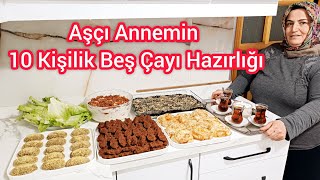 AŞÇI ANNEMİN 10 KİŞİLİK 4 ÇEŞİT BEŞ ÇAYI HAZIRLIĞI  ÇİĞ KÖFTE KURABİYE SALATA BÖREK TATLI [upl. by Airamas]