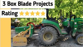 47 CountyLine 5 Foot Box Blade Review Demonstrated on 3 projects on John Deere 2038R 2032R tractor [upl. by Sidran]