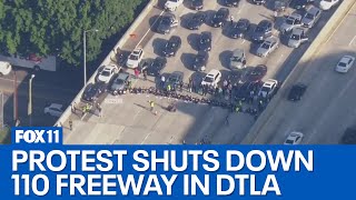 110 Freeway standstill Protesters calling for ceasefire in Gaza blocking lanes in DTLA [upl. by Yoshiko]