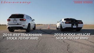 Hellcat Jeep vs Hellcat Challenger Widebody Street Drag Race [upl. by Enytsirk638]