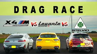 BMW X4M Competition vs Maserati Levante Modena S vs Alfa Romeo Stelvio Quadrifoglio Drag Roll Race [upl. by Amargo323]