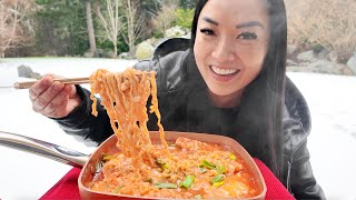 WHEN IT SNOWSITS A MUST CHEESY RICE CAKE SPICY NOODLE MUKBANG  SASVlogs [upl. by Sudbury499]