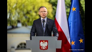 Warszawa  Oświadczenie Prezydenta Andrzeja Dudy w 20 rocznicę przystąpienia Polski do UE [upl. by Aleris]