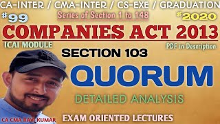 99  SECTION 103 quotQUORUMquot  DETAILED ANALYSIS  COMPANIES ACT 2013  ICAI MODULE [upl. by Munsey213]