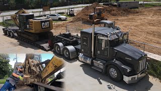 hauling CAT excavator RGN lowboy trucking  Kenworth with LOUD JAKES [upl. by Gweneth479]