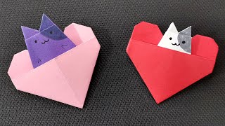 How To Make Valentines Origami Heart Pocket With Paper Craft Origami Cat [upl. by Jepum]