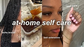 AT HOME SELF MAINTENANCE ROUTINE  diy boho box braids sugar wax gel manicure lashes amp more [upl. by Chastity]