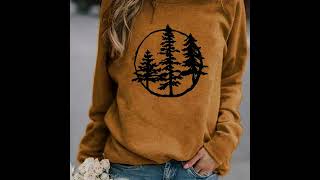 Tree Print Crew Neck TShirt Casual Long Sleeve TShirt For Spring Summer Womens Clothing  Ma [upl. by Mcnair]