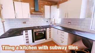 Tiling a kitchen using subway tiles [upl. by Nodababus]