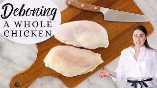 DEBONING A WHOLE CHICKEN How to butcher a chicken into 8 pieces Bones for your favorite broth… [upl. by Gnanmas]