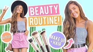 BEAUTY ROUTINE Everyday Makeup Hair  Outfit Ideas 2017 Pamper Routine  Easy Beach Curls [upl. by Dasa]