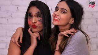 Komal amp Shruti Arjun Anand Take The Blindfold Makeup Challenge  POPxo ft Shruti Arjun Anand [upl. by Cacka]