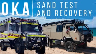 OKA SAND TEST  first time driving on sand Rescue Unimogs and a pregnant woman bogged [upl. by Fulvi985]