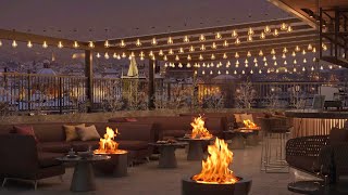 Winter Rooftop Coffee Shop Ambience  Fireplace Sounds and Chill Jazz Music for relaxation sleep [upl. by Candida]