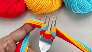 Amazing 3 Beautiful Woolen Yarn Flower making ideas with Fork  Easy Sewing Hack [upl. by Johnsson]