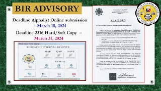 BIR ADVISORY 2024 Extended DEADLINE BIR form 2316 submission and ONLINE submission of Alphalist [upl. by Dej]