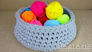 HOW to MAKE TSHIRT YARN and CROCHET a BASKET  DIY Tutorial by Naztazia [upl. by Eselrahc]