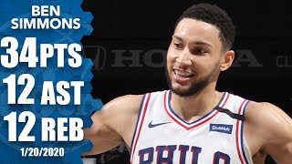 Ben Simmons has career game vs Nets with 34point tripledouble  201920 NBA Highlights [upl. by Nazay531]