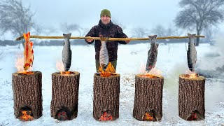 Caught And Cooked Trout Inside Logs Life In The Distant Snowy Mountains [upl. by Herzel747]