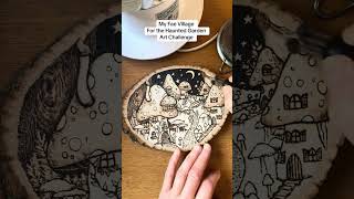 Artist uses pyrography and watercolor to paint a beautiful Fae Village on a wood disc [upl. by Mizuki932]