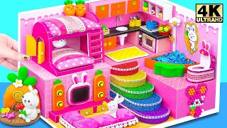 How To Make Easy Pink Bunny House with Bunk Bed Rainbow Stairs from Cardboard  DIY Miniature House [upl. by Gannes]