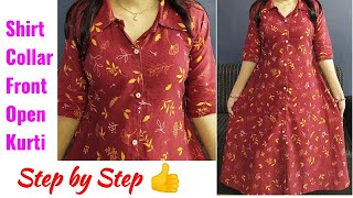 Shirt Collar Front Open Kurti Cutting and Stitching step by step [upl. by Trabue115]