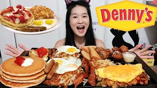 MASSIVE DENNYS BREAKFAST FEAST in LA Fluffy Pancakes Omelette Bacon amp Eggs  Mukbang Asmr [upl. by Hettie]